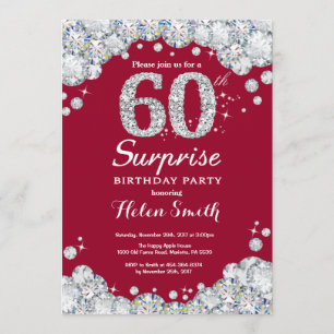 Surprise 60th Birthday Burgundy Red Silver Diamond Invitation