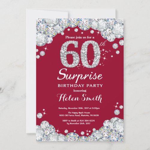 Surprise 60th Birthday Burgundy Red Silver Diamond Invitation