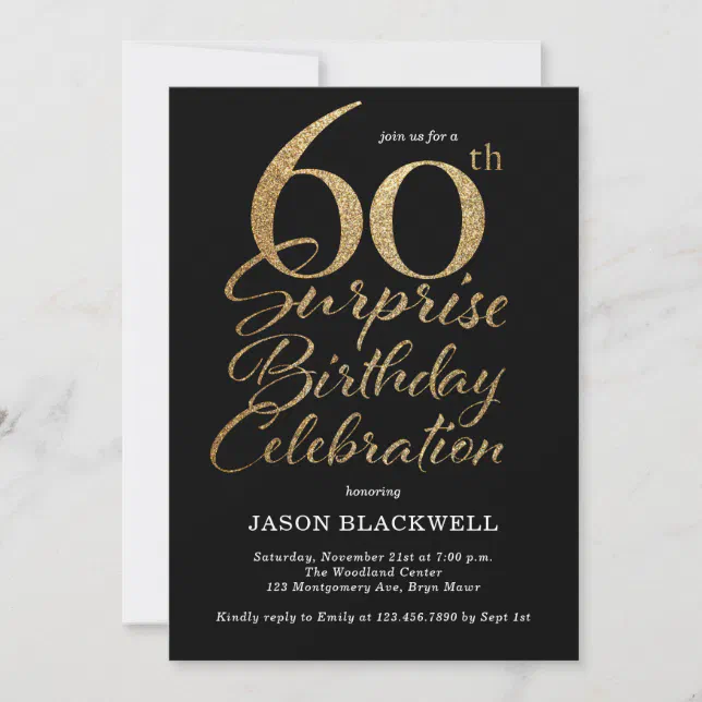 Surprise 60th Birthday Celebration Black & Gold Invitation | Zazzle