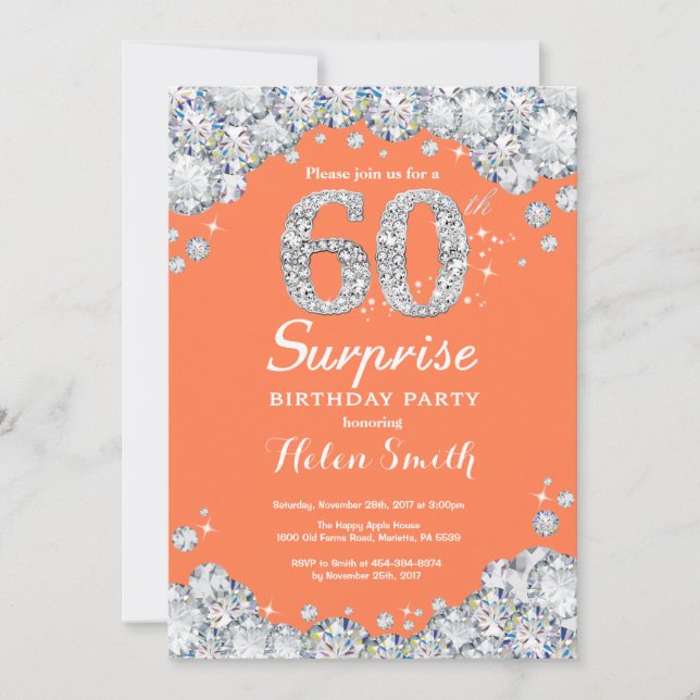 Surprise 60th Birthday Coral Silver Diamond Invitation (Front)