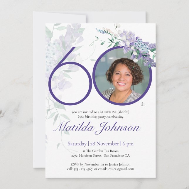 Surprise 60th Birthday Custom Photo Floral Purple Invitation (Front)
