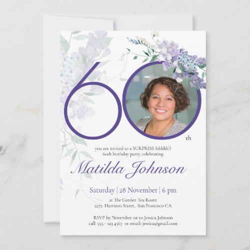 Surprise 60th Birthday Custom Photo Floral Purple Invitation