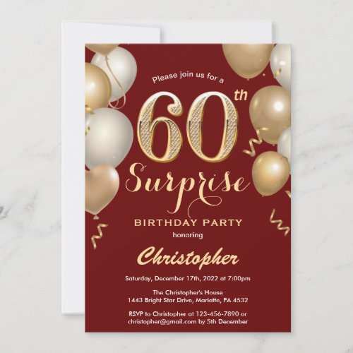 Surprise 60th Birthday Dark Red and Gold Balloons Invitation