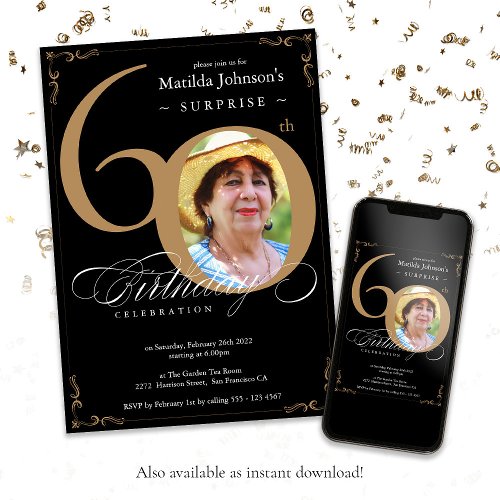 Surprise 60th Birthday Elegant Black Gold Photo  Invitation