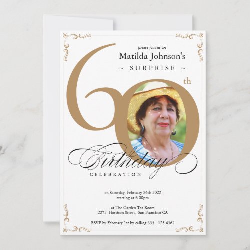 Surprise 60th Birthday Elegant Gold White Photo  Invitation