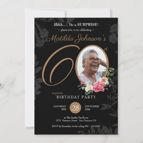 Surprise 60th Birthday Floral Black Gold Custom  Invitation