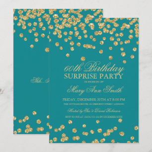 Surprise 60th Birthday Gold Glitter Confetti Teal Invitation