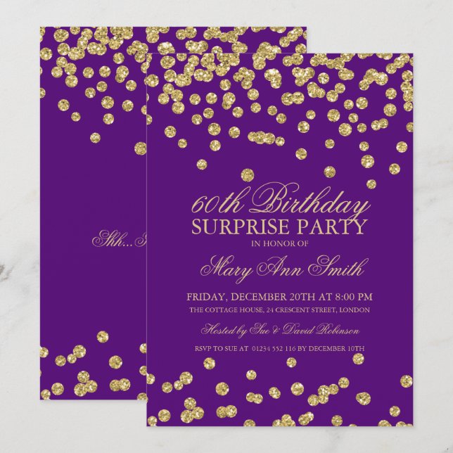 Surprise 60th Birthday Gold Glitter Purple Invitation (Front/Back)