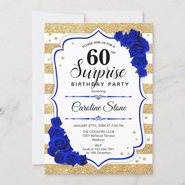 Surprise 60th Birthday - Gold White Royal Blue Invitation (Front)