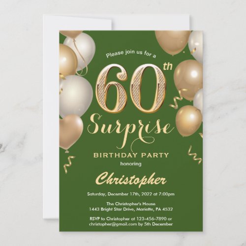 Surprise 60th Birthday Green and Gold Balloons Invitation