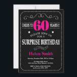 Surprise 60th Birthday Hot Pink and Black Invitation<br><div class="desc">Surprise 60th Birthday Invitation Hot Pink and Black Typography. Chalkboard. Black and White Background. Adult Birthday. Male Men or Women Birthday. Kids Boy or Girl Lady Teen Teenage Bday Invite. 13th 15th 16th 18th 20th 21st 30th 40th 50th 60th 70th 80th 90th 100th. Any Age. For further customization, please click...</div>
