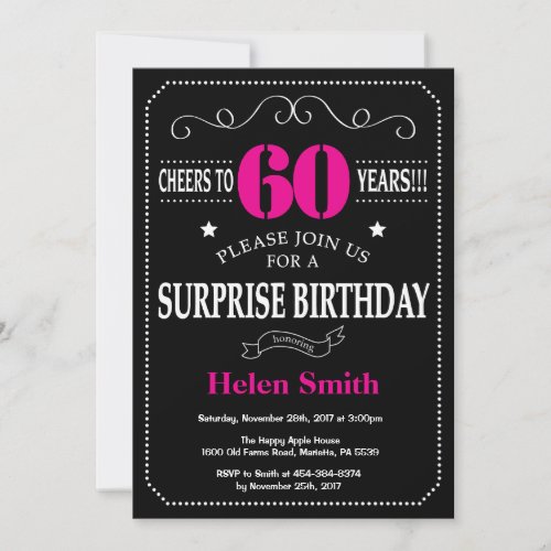 Surprise 60th Birthday Hot Pink and Black Invitation