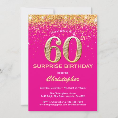 Surprise 60th Birthday Hot Pink and Gold Glitter Invitation