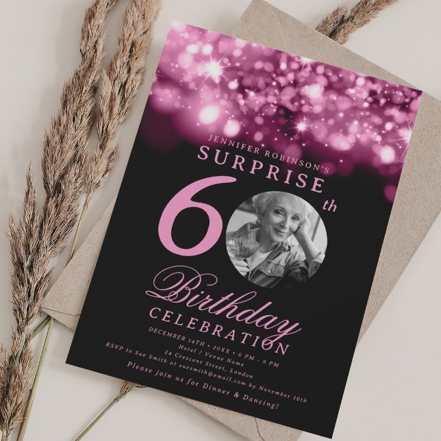 SURPRISE 60th Birthday Hot Pink Midnight Glam  Invitation (SURPRISE 60th Birthday Hot Pink Midnight Glam Invitation)