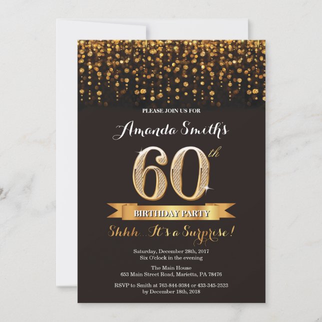 Surprise 60th Birthday Invitation Black and Gold (Front)