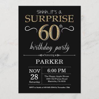 Surprise 60th Birthday Invitation Black And Gold by Happyappleshop at Zazzle