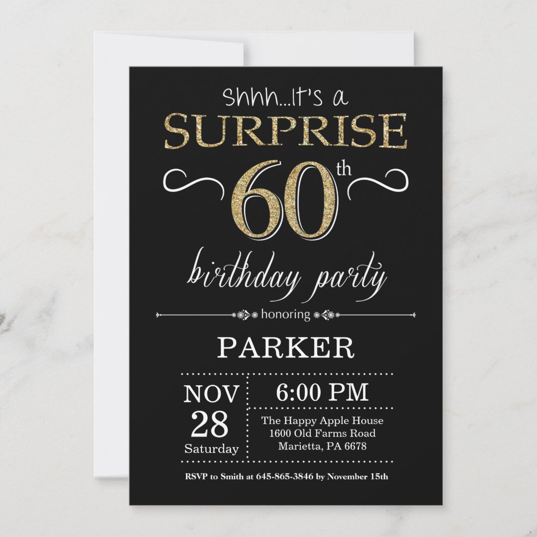 Surprise 60th Birthday Invitation Black and Gold | Zazzle