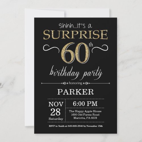 Surprise 60th Birthday Invitation Black and Gold