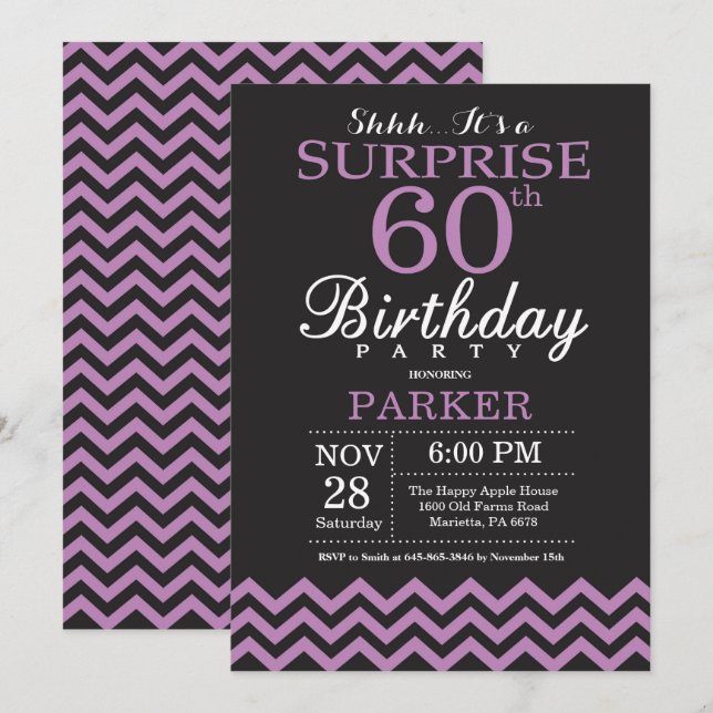 Surprise 60th Birthday Invitation Black and Purple (Front/Back)