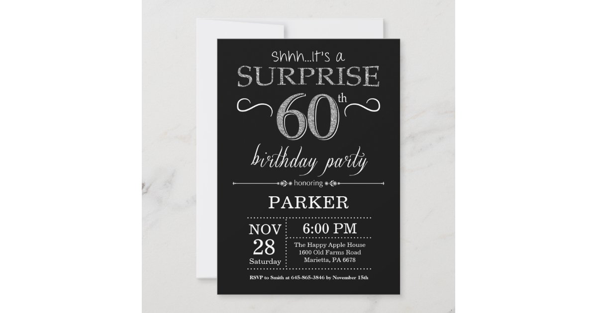 Surprise 60th Birthday Invitation Black and Silver | Zazzle