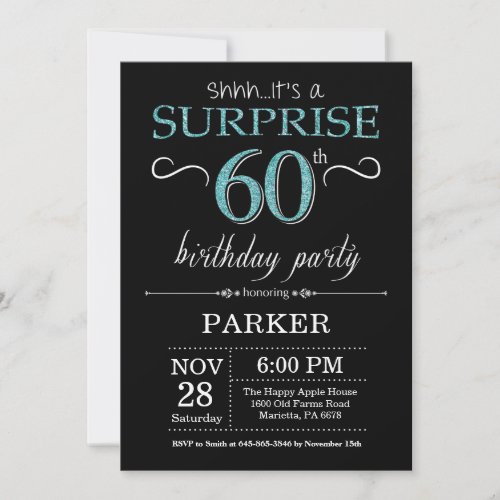 Surprise 60th Birthday Invitation Black and Teal