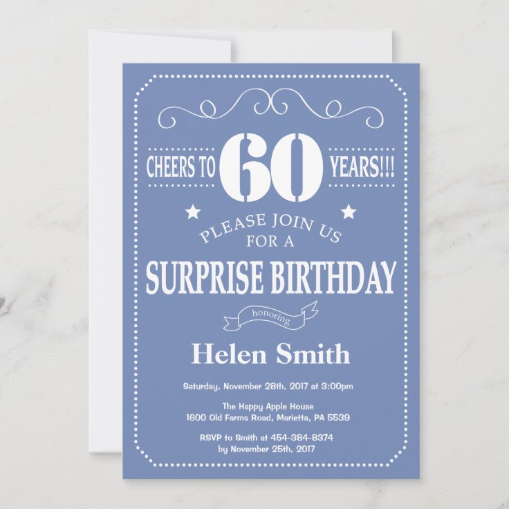 Surprise 60th Birthday Invitation Blue and White | Zazzle