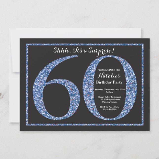 Surprise 60th Birthday Invitation Blue Glitter (Front)