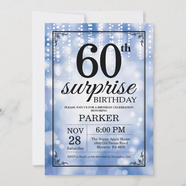 Surprise 60th Birthday Invitation Blue Glitter (Front)