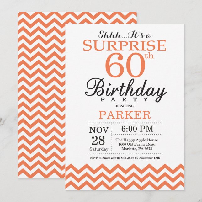 Surprise 60th Birthday Invitation Coral Chevron (Front/Back)