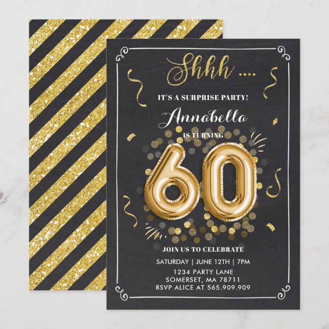 Surprise 60th Birthday Invitation Gold Chalkboard (Front/Back)