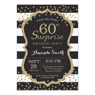 Surprise 60th Birthday Invitation. Gold Glitter Invitation