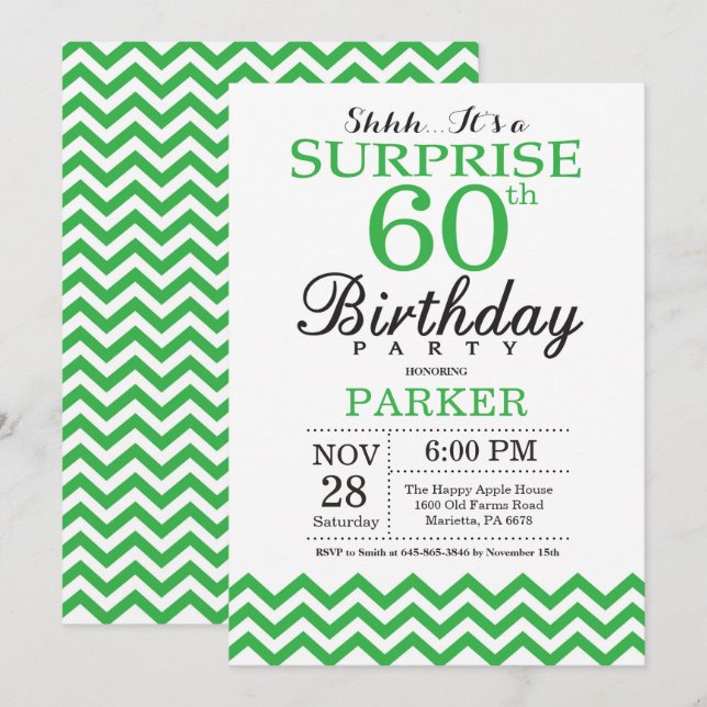 Surprise 60th Birthday Invitation Green Chevron (Front/Back)