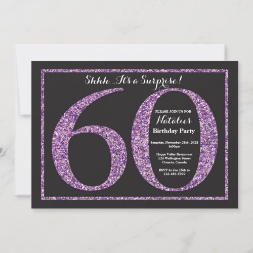 Surprise 60th Birthday Invitation Purple Glitter