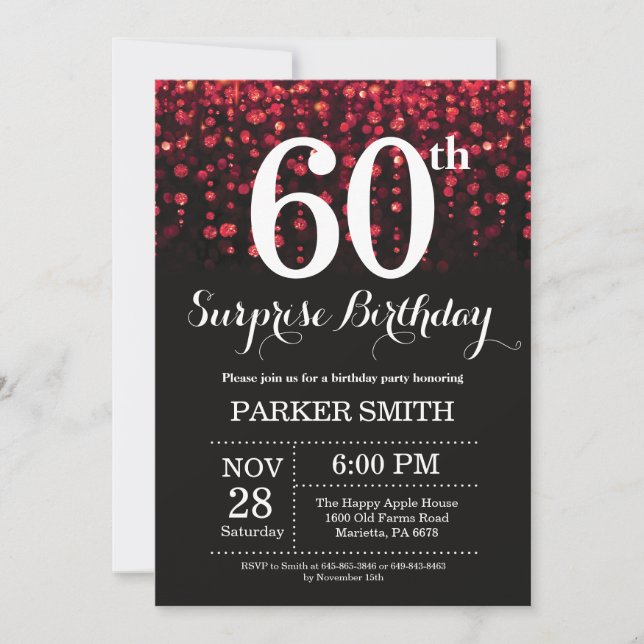 Surprise 60th Birthday Invitation Red Glitter (Front)