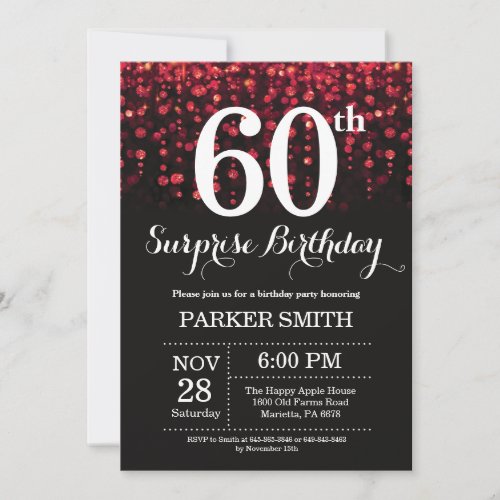 Surprise 60th Birthday Invitation Red Glitter