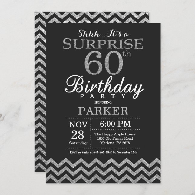 Surprise 60th Birthday Invitation Silver Glitter (Front/Back)