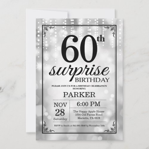 Surprise 60th Birthday Invitation Silver Glitter