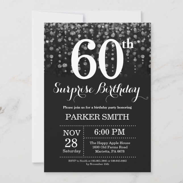 Surprise 60th Birthday Invitation Silver Glitter (Front)