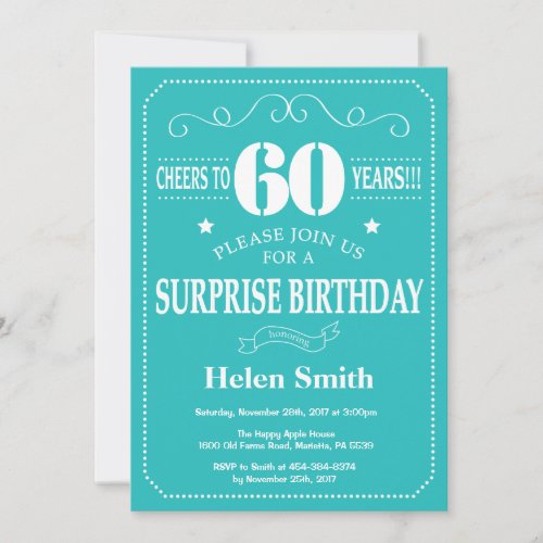 Surprise 60th Birthday Invitation Teal and White