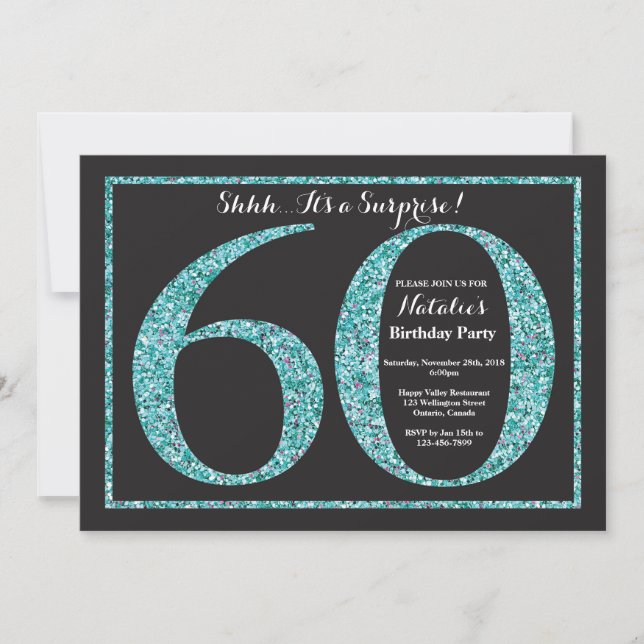 Surprise 60th Birthday Invitation Teal Glitter (Front)