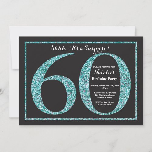 Surprise 60th Birthday Invitation Teal Glitter