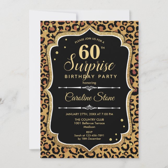 Surprise 60th Birthday - Leopard Black Gold Invitation (Front)
