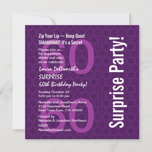 SURPRISE 60th Birthday Modern Purple Star Pattern Custom Invitations