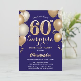 Surprise 60th Birthday Navy Blue and Gold Balloons Invitation | Zazzle