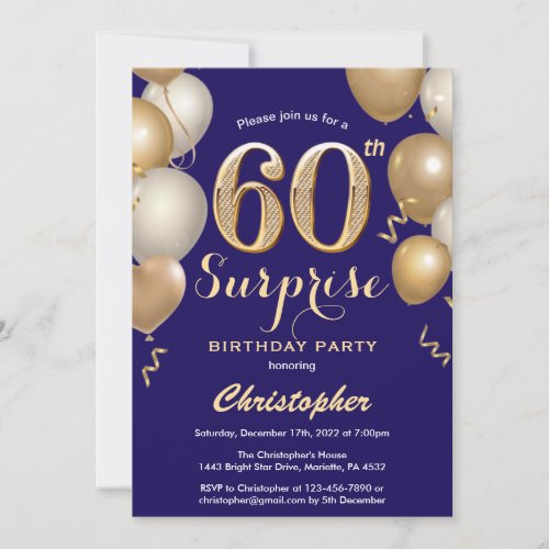Surprise 60th Birthday Navy Blue and Gold Balloons Invitation