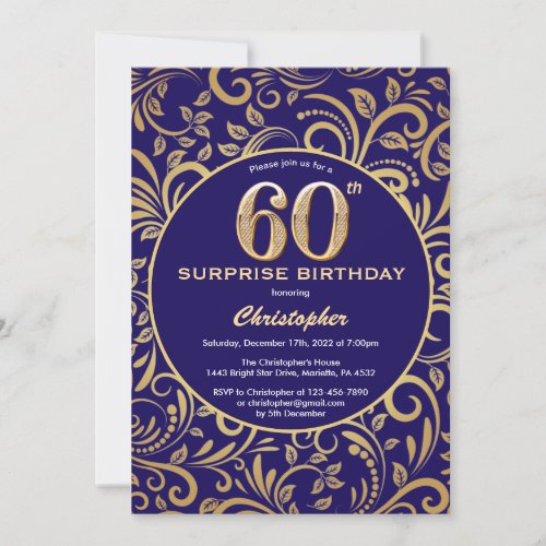 Surprise 60th Birthday Navy Blue and Gold Floral Invitation
