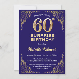 Surprise 60th Birthday Navy Blue and Gold Glitter Invitation