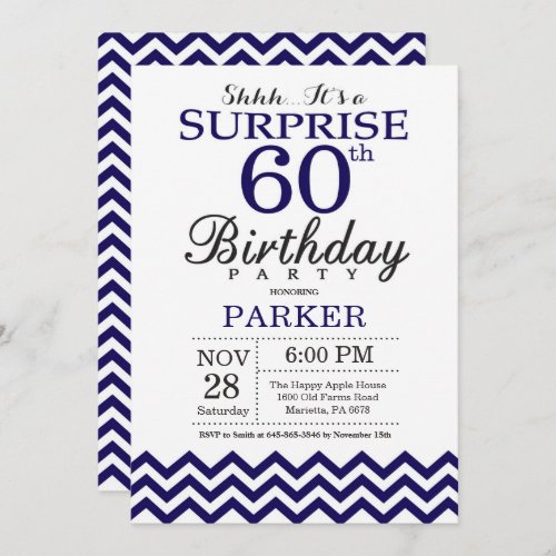Surprise 60th Birthday Navy Blue Chevron Invitation