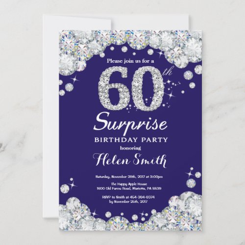 Surprise 60th Birthday Navy Blue Silver Diamond Invitation