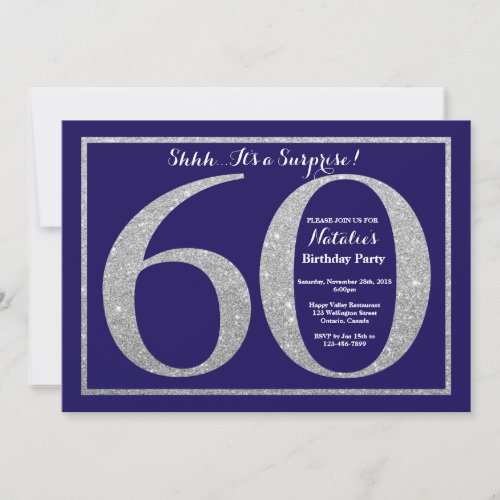 Surprise 60th Birthday Navy Blue Silver Glitter